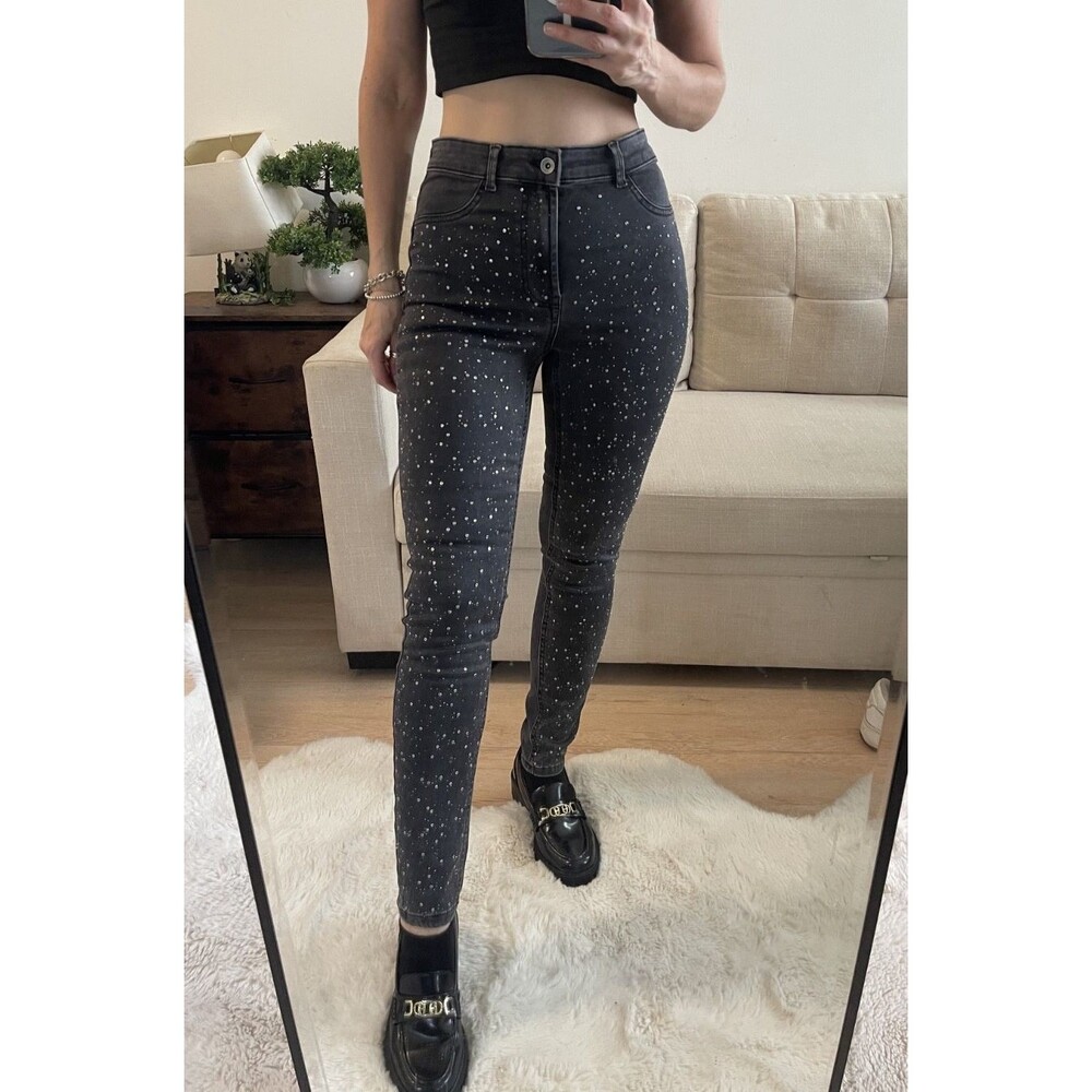 Calzedonia Black Rhinestone Denim Leggings High Waisted Sparkly Jeggings Size XS